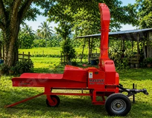 Red mobile wood chipper/chaff cutter on a trailer in a sunny rural yard with trees and a shed in the background.