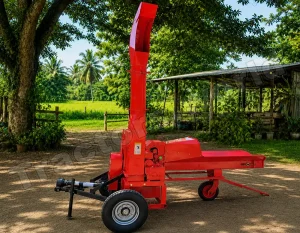 Red wood chipper on wheels parked on a dirt path near a farm shed, with a tall vertical intake chute ready for use.